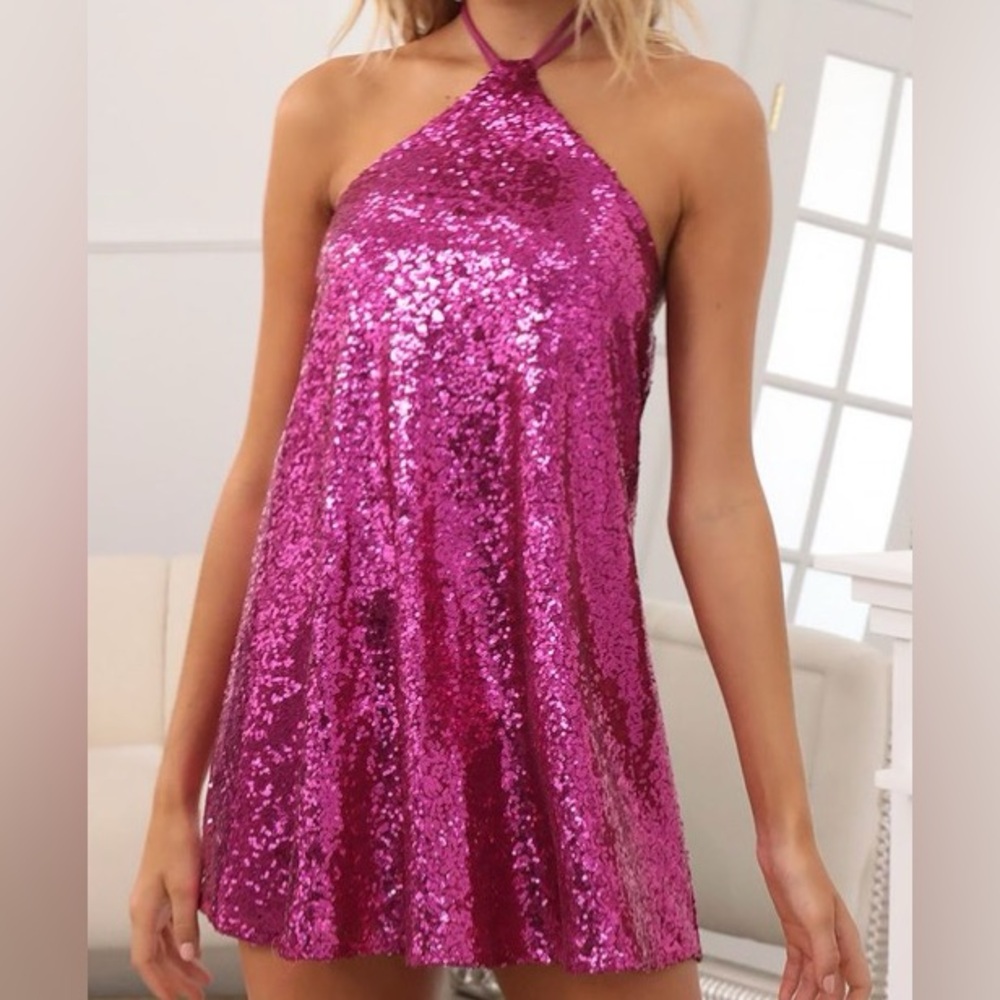 Pink Sequin Halter Dress